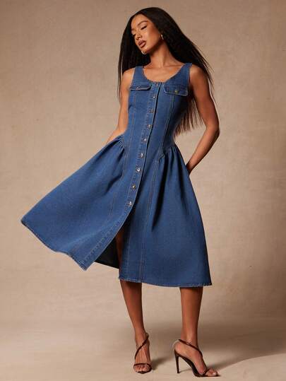 NYA SZN Denim Midi Dress A Line Fit And Flare Button Front Pocket Detail Hardware Easter St. Patricks Day Brunch Casual Everyday Going Out Office Siren Western Country Date Night Elegant Luxury Cotton Medium Wash Outfits For Women