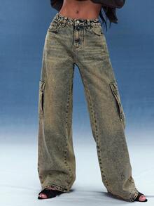 Normani Women's Casual Washed Cargo Jeans - Yellow - View 1