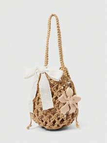 ROMWE Kawaii Bucket Braided Flower Bow Shoulder Bag - Khaki - View 1