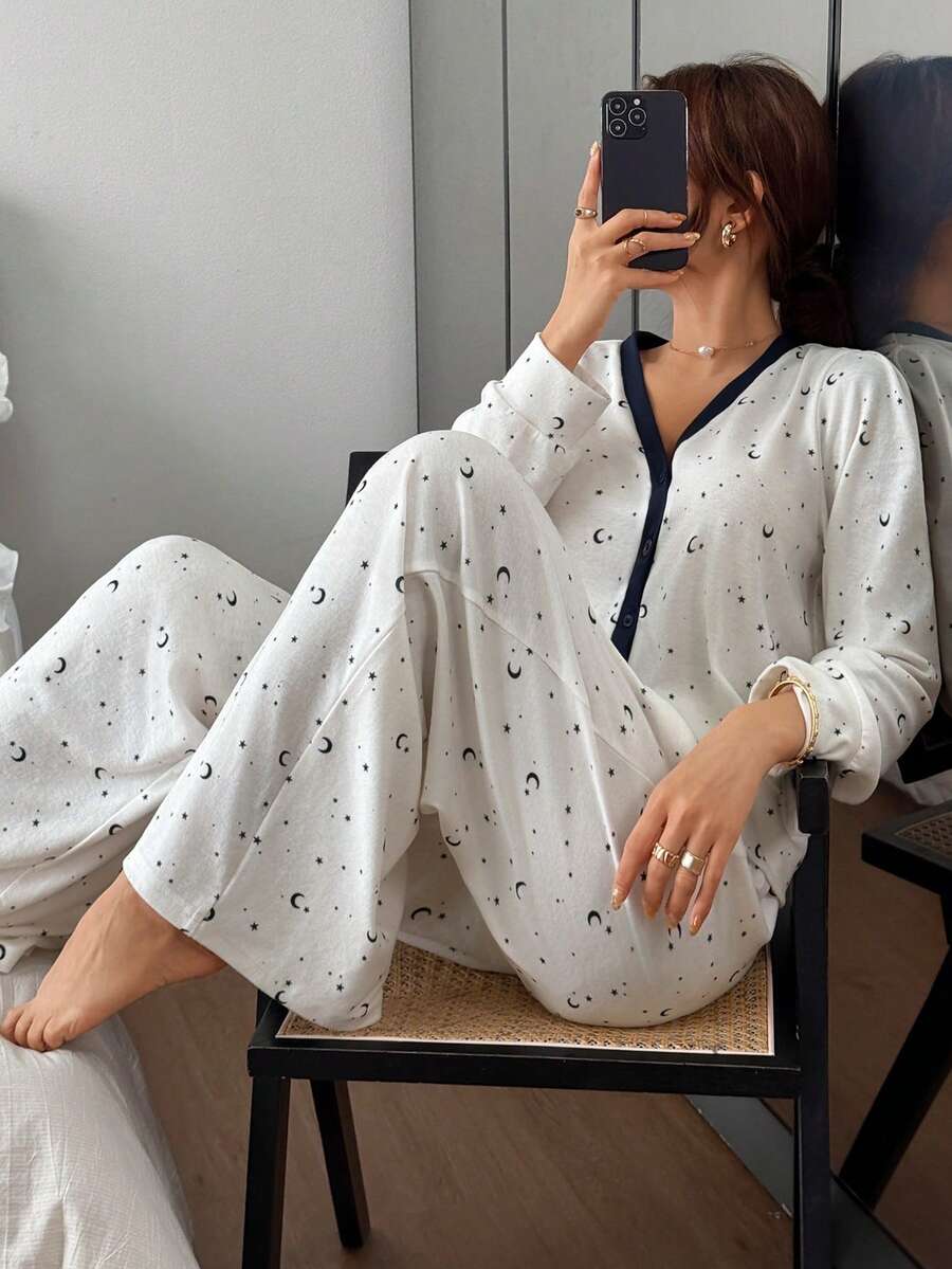 DAZY 星月碎花撞色滚边女士睡衣套装 - 白色 - 查看 1