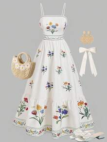 Girlism 少女白色编织花卉植物印花收腰A字连衣裙，适合度假、海滩、周末、假日穿着 - 白色 - 查看 3