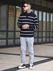 Devon Thys 男士长袖条纹飞机领针织毛衣，秋冬，垃圾摇滚风格 - 黑色 - 查看 5