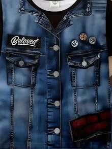 Playful Pals 春夏两件套：男童休闲时尚创意个性清新简约仿牛仔背心款字母标语印花宽松短袖T恤和短裤套装，舒适日常穿着 - 彩色 - 查看 6