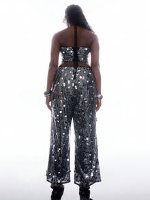 LYSMO Bộ đồ 2 món thời trang dành cho nữ cỡ lớn: áo croptop cổ yếm đính sequin và quần ống rộng. - Nhiều màu - Xem 2