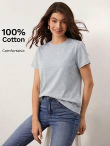 SHEIN BASICS Áo thun thể thao tay ngắn cổ tròn màu trơn mùa hè - Xám - Xem 7