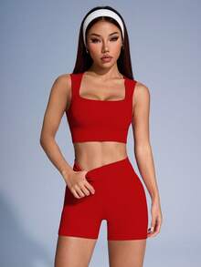 SHEIN Sovereign Charm Women Solid Color Ribbed Sports Vest And Shorts Set - Rose Red - View 4