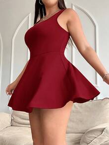 SHEIN EZwear 酒红色加大码无袖连衣裙，带口袋和短裤，纯色连体裤 - 酒紅色 - 查看 3