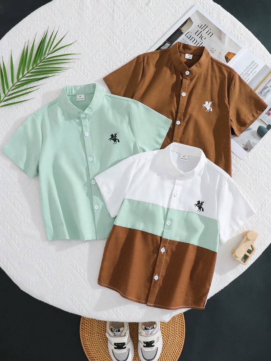 3pcs Set: Young Boy Pattern Mandarin Collar Short Sleeve Shirt - Mint Green - View 1