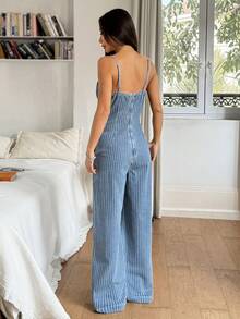 Rivivi Randig, veckad jumpsuit i denim med vida ben och smal passform för kvinnor - Blå - Visa 2