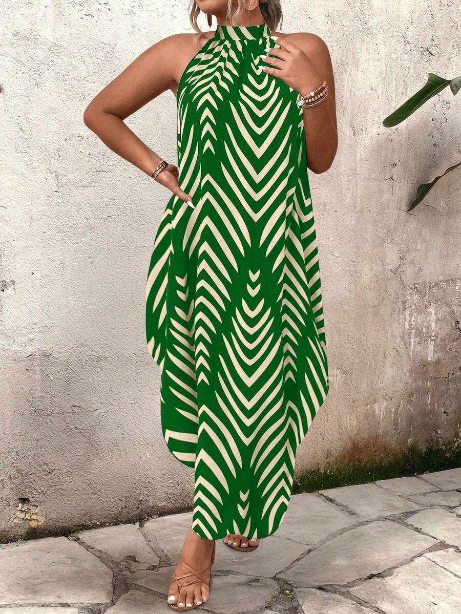EMERY ROSE Plus Size Minimalist Printed Sleeveless Dress - Green - View 1