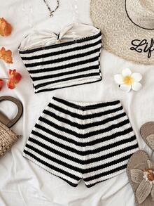 Tween Girls Tank Top Co-Ords 2pcs/Set Vacation Active Red & White Striped Texture Twist Bandeau Top And Super Short Casual Pants, Party, Casual Beach Holiday - Black and White - View 2