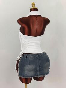 Amplova Áo kiểu nữ cổ xếp tầng, vạt yếm, vạt bất đối xứng và nhún bèo bên hông. - trắng - Xem 2