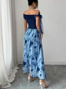 Modelyn 女士法式优雅露肩印花中长连衣裙，春夏款 - 藍色 - 查看 4