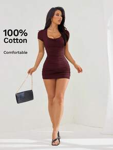 SHEIN PETITE Đầm mùa hè trơn, đầm ôm sát xếp ly. - Màu đỏ tím - Xem 4