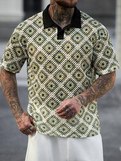 Manfinity CasualCool Men's Drop Shoulder Short Sleeve Half-Placket Contrast Color Block Collar Casual Polo Shirt, Summer,Men Old Money,Daily Leisure, Weekend Trips, Outdoor Activities, Travel Expeditions, Relaxed Work Environments Or Semi-Formal Occasions, Boyfriend/Husband Gift, Anniversary /Birthday Gift Party Summer Vacation Holiday,Wedding,Spring To Summer,Mardi Gras,Men's Crochet Shirt,Mens Pattern Tshirt,Festival Shirt Men,Cuban Shirt Men,Mexico Mens Shirt