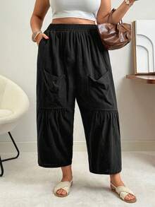 Vionelle Green Plus Size Casual Ruffle Hem Harem Capris Comfortable Breathable Woven Fabric Plain Pants - Green - View 6