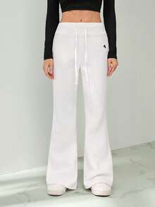SHEIN Tall Women's Embroidery Flare Pants, Fashionable Design Suitable For Summer Flare Sweat Pants - White - View 3