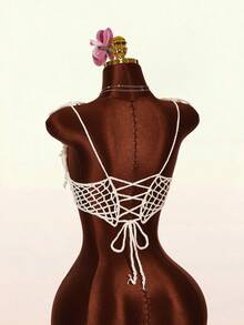 Amplova 女士珍珠吊带镂空露脐上衣，性感V领露背花卉蕾丝边饰珍珠下摆流苏吊带 - 杏色 - 查看 1