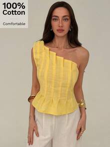 Aloruh Blusa de unicolor sin mangas con diseño plisado, moda de verano para mujeres, vacaciones de verano, top de verano, vacaciones, vacaciones de verano para mujeres, vacaciones de verano, playa - Amarillo - Ver 4