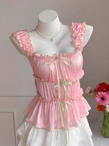 Comfortcana Women's Cute Ruffle Tie Strap Camisole Top For Summer Pink Summer Top Pink Ruffle Top Pink Top - Multicolor - View 7