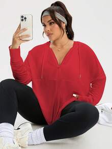Rhythm Era Plus Size Solid Color Drop Shoulder Long Sleeve Curved Hem Drawstring Hoodie Casual Sports Jacket - Red - View 4