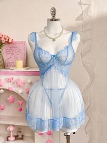 PetitDoll 两件套浪漫蕾丝撞色网纱娃娃睡裙和丁字裤套装 - 藍色 - 查看 6