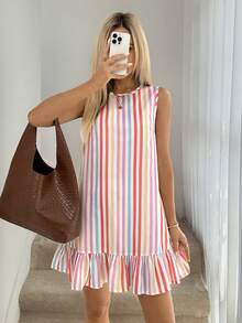 Easowa 女士条纹圆领褶皱休闲度假迷你连衣裙，休闲服装 - 彩色 - 查看 5