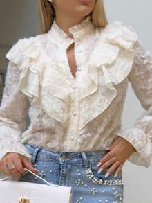 Cioccolato 女士优雅精致浪漫复古宫廷风立领荷叶边提花纹理纽扣喇叭袖杏色衬衫，秋季 - 杏色 - 查看 3