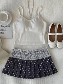 Comfortcana 女士夏季休闲波点印花蕾丝拼接百褶迷你裙 - 灰色 - 查看 5