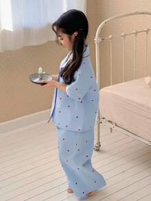 DAZY Young Girl Girls Heart Print Contrast Trim Pajama Set, Fall - Blue - View 5