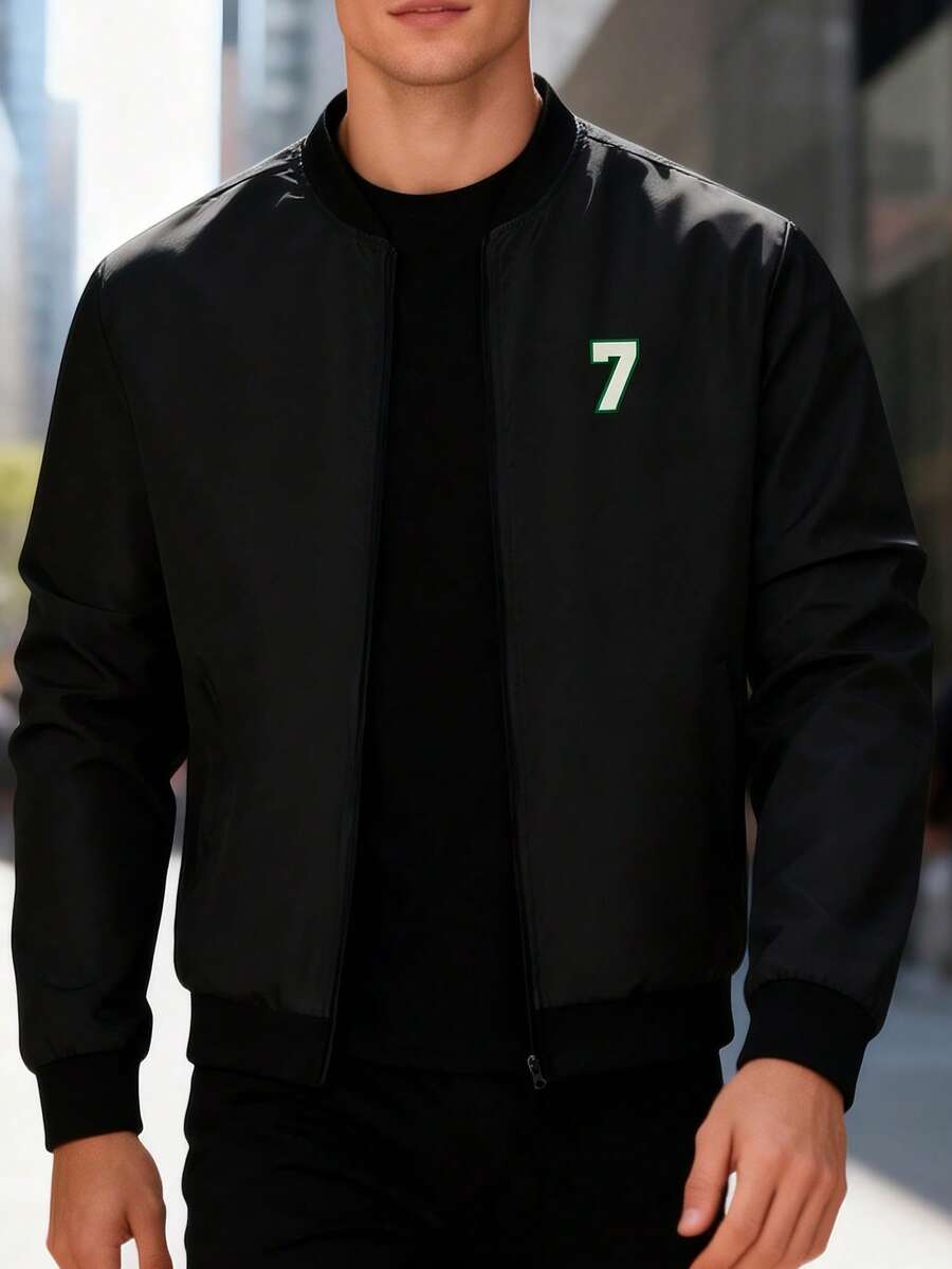 Manfinity Homme Men's Numeric Print Long Sleeve Jacket Coat - Black - View 1