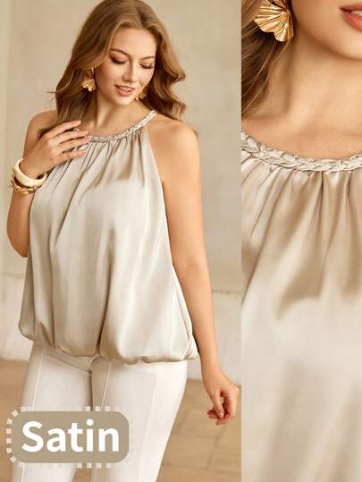 Roveilla 加大码女式杏色缎面衬里荷叶边下摆无袖吊带背心，配有编织抽绳领口，宽松版型，优雅法式浪漫复古风格，适合通勤、商务、海滩、休闲等场合，简约百搭，可作伴娘吊带背心，春夏新品