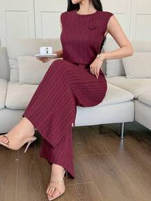 DAZY 女士休闲条纹仿口袋系带阔腿裤两件套，夏季 - 紅色 - 查看 7