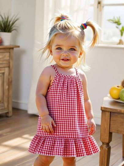 SHEIN Playful Pals Infant/Baby GirlDress, All-Over Red & White Plaid Pattern, Lively And Fresh. Spaghetti Strap Design Suitable For Summer, A Sweet Choice For Girls' Summer Outfits