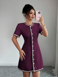 Rafferiza Elegant Business Casual Round Neck Trim Waist Short Sleeve Button Front Mini Dress, Suitable For Spring And Summer - Red Violet - View 5