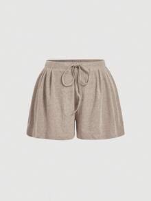 SHEIN MOD Plus Size Comfortable Set, Khaki Casual Brushed Ribbed Short Sleeve T-Shirt And Shorts Set, Spring/Summer Loungewear.Plus Size Taupe Ribbed Knit Two Piece Set Short Sleeve Top V Neck Wrap Front Drawstring Waist High Rise Shorts Soft Texture Lightweight Fabric Relaxed Fit Comfortable Wear Subtle Sheen Minimalist Style Elastic Waistband Casual Look Simple Design Gentle Stretch Summer Casual Outfit Woman Summer Outfit Set Shorts Outfit Set - Khaki - View 5