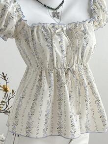 Elamini Early Spring Vacation Floral Print Contrast Trim Tie Waist Women Shirt - Multicolor - View 5