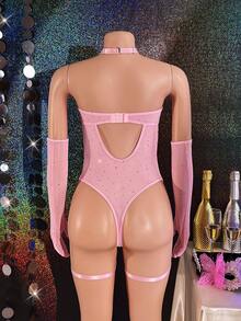 5pcs Sequin Mesh Patchwork Satin Front Metal Chain Underwire Sexy Jumpsuit Set - Pink - View 7