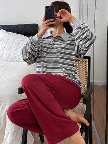 DAZY Striped Loose Lapel Top & Solid Red Pajama Pants Women Sleepwear Set - Grey - View 6