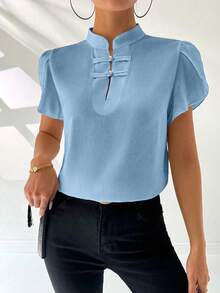 SHEIN Clasi Áo sơ mi nữ kiểu Trung Quốc cài cúc, tay áo họa tiết hoa cánh hoa, kiểu dáng đơn giản, thích hợp cho mùa hè, kỳ nghỉ hoặc tiệc tùng. - Màu xanh lam - Xem 8