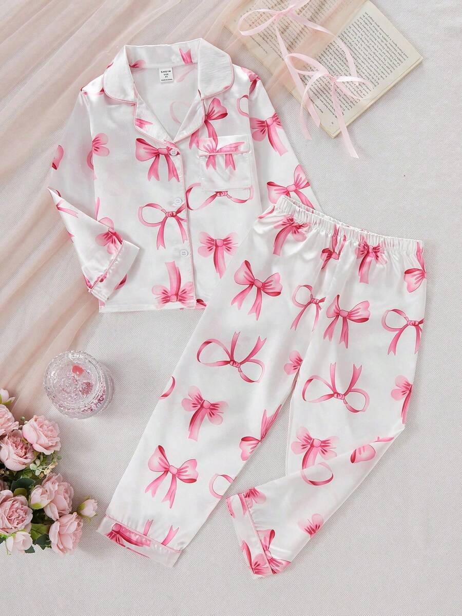Young Girls Pajamas-2 Piece Pajama Set Spring To Summer Satain Pajamas - White - View 1