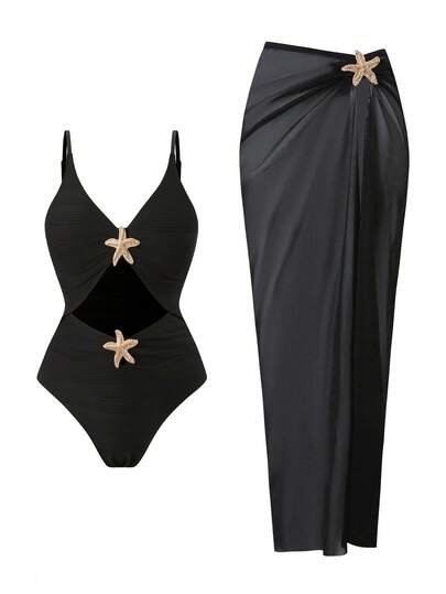 Swim Oasis New European & American Style Black Halter Hollow Out Waist One-Piece Swimsuit, Starfish Rhinestone Decor Sexy Swimwear With Matching Long Cover-Up Dress, Spa Resort Swimming Outfit Set