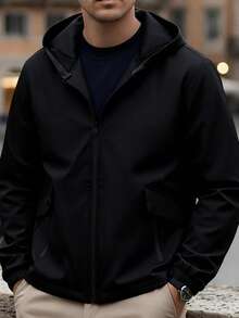 Manfinity Homme Men's Casual Everyday Commute Minimalist Solid Color Zip-Up Hooded Jacket - Black - View 4