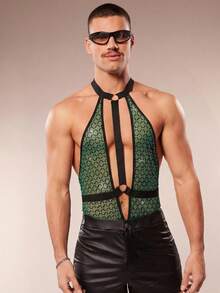 Bộ jumpsuit nam gợi cảm đính đá, lưới kẻ caro, hở lưng, cổ yếm, thích hợp cho mùa hè. - màu xanh lá - Xem 4