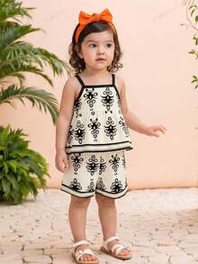 SHEIN [ 2 Pieces ] Baby Girl Aged 6 Months To 2-3 Years Old, Retro Rice White Background Black Pattern Geometric Floral Print+Black Border Decorative Suspender+Shorts, Thin Fabric, Elegant And Artistic Two Pieces Set For Beach Vacation/Daily Outdoor Summer Baby Girl's Clothing - Multicolor - View 6