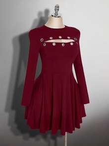 SHEIN ICON 大码女式金属眼装饰宽松连衣裙 - 酒紅色 - 查看 5