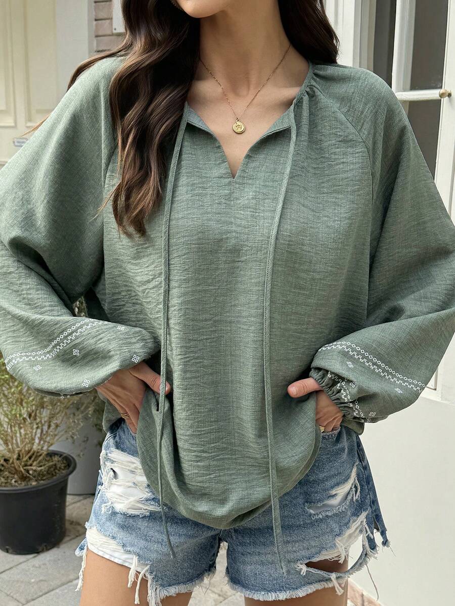 Livesso 女士宽松圆领印花度假休闲衬衫 - 綠色 - 查看 1