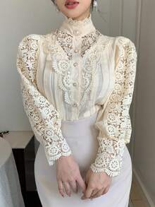 DAZY Women's Lace Patchwork Petal Sleeve Loose Blouse - Beige - View 10