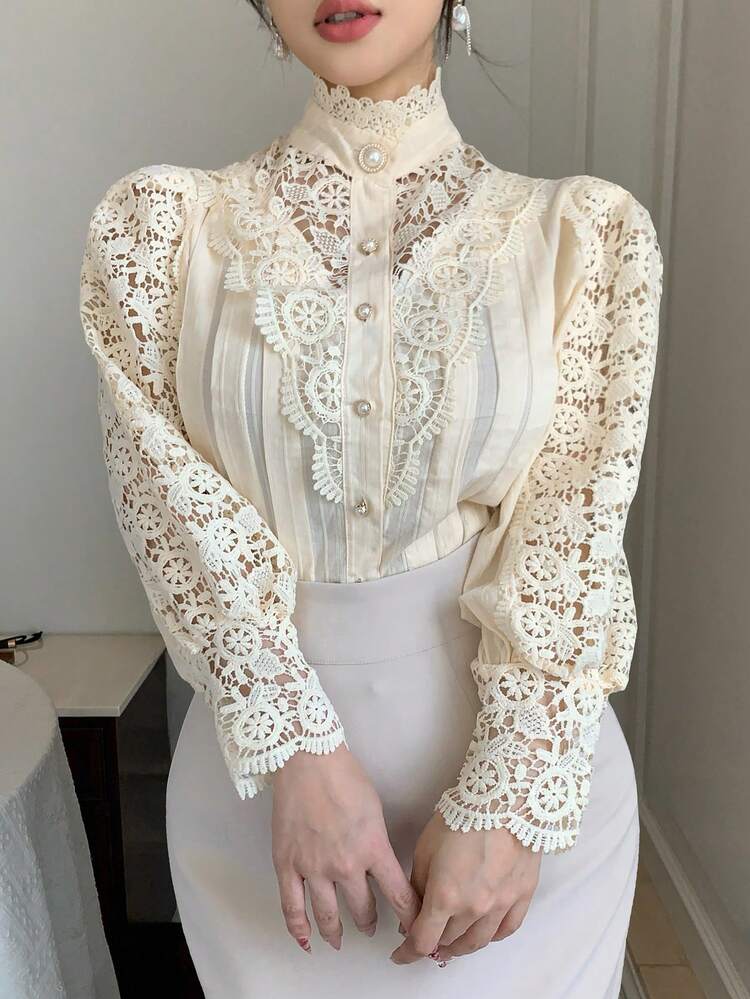 Women's Lace Patchwork Petal Sleeve Loose Blouse