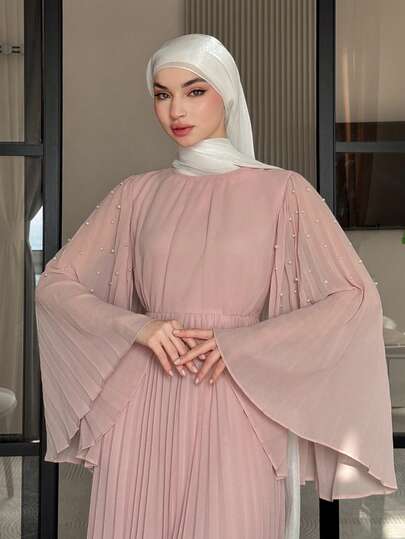 DAZY Women's Elegant Solid Color Round Neck Beaded Pleated Long Dress, Summer